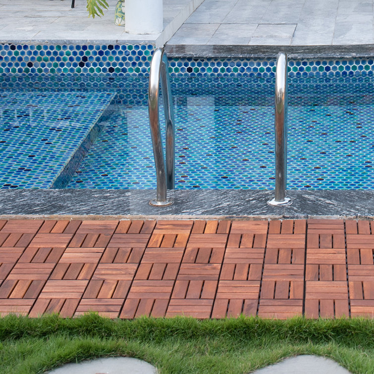 12 in. x 12 in. Outdoor Checker Square Wood Interlocking Waterproof Flooring Deck Tiles in Brown (Set of 30 Tiles)