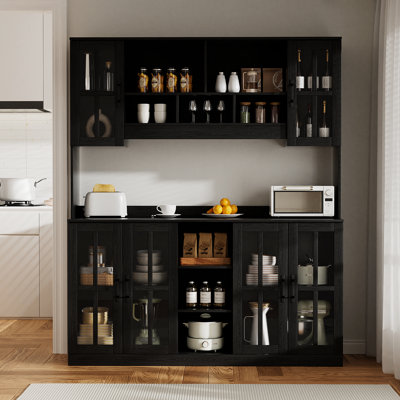 Farmhouse 71" X 59" Pantry With Hutch,Soft Close Glass Doors,Cabinet With Storage,Adjustable Shelves