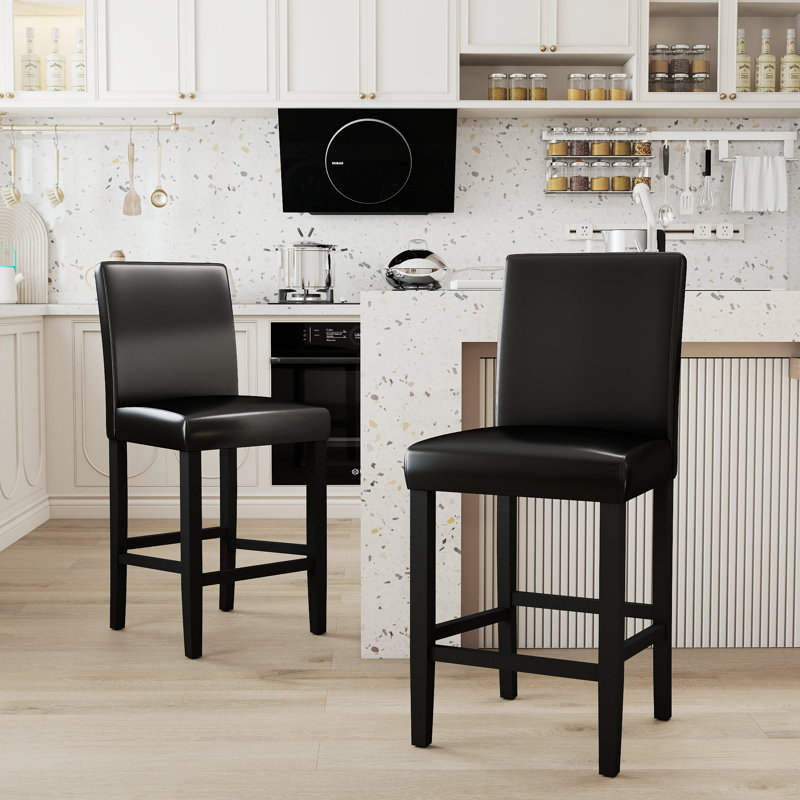 Sauhal 25' H Faux Leather Upholsted Solid Wood Counter Stool with Low Back, Black