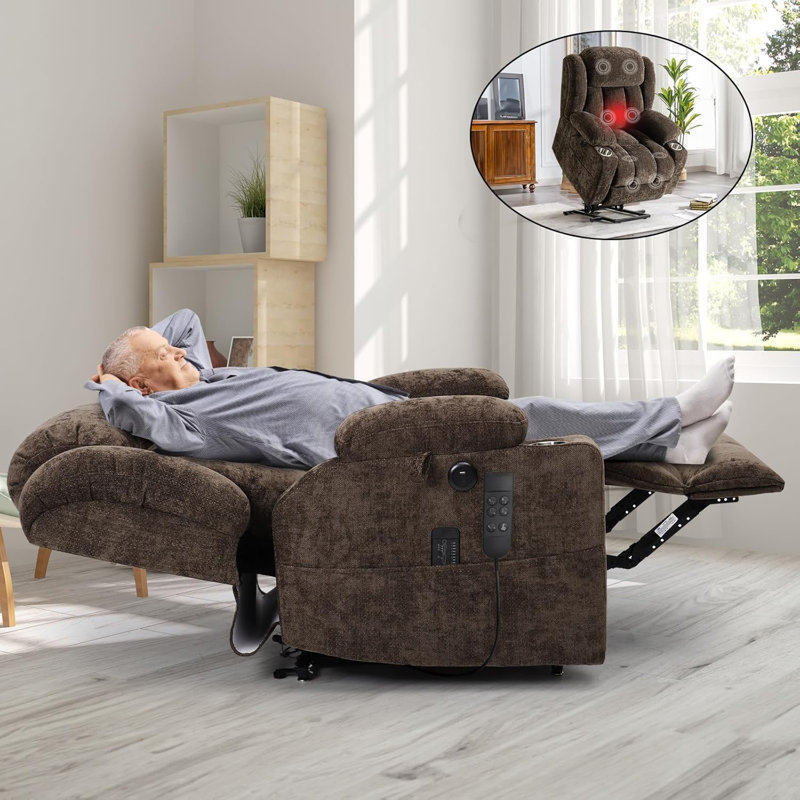 Zisel 34.3" W Power Lift Recliner Chair Wingback Electric Recliner with Heat and Massage Brown Chenille, Brown