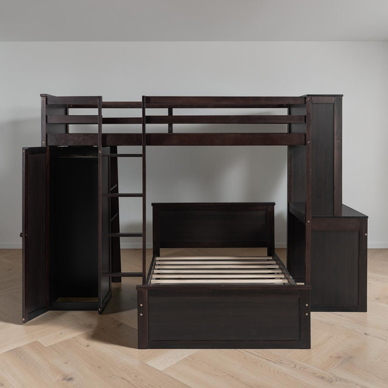 L - Shape Bunk Bed With Built-In Desk And Wardrobe, Twin Over Twin, Espresso