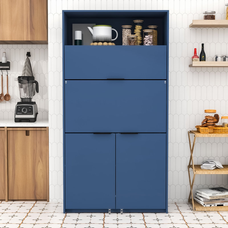 Multifunctional Kitchen Pantry Buffet with Storage,  Drop-Down Desk, Dark Blue