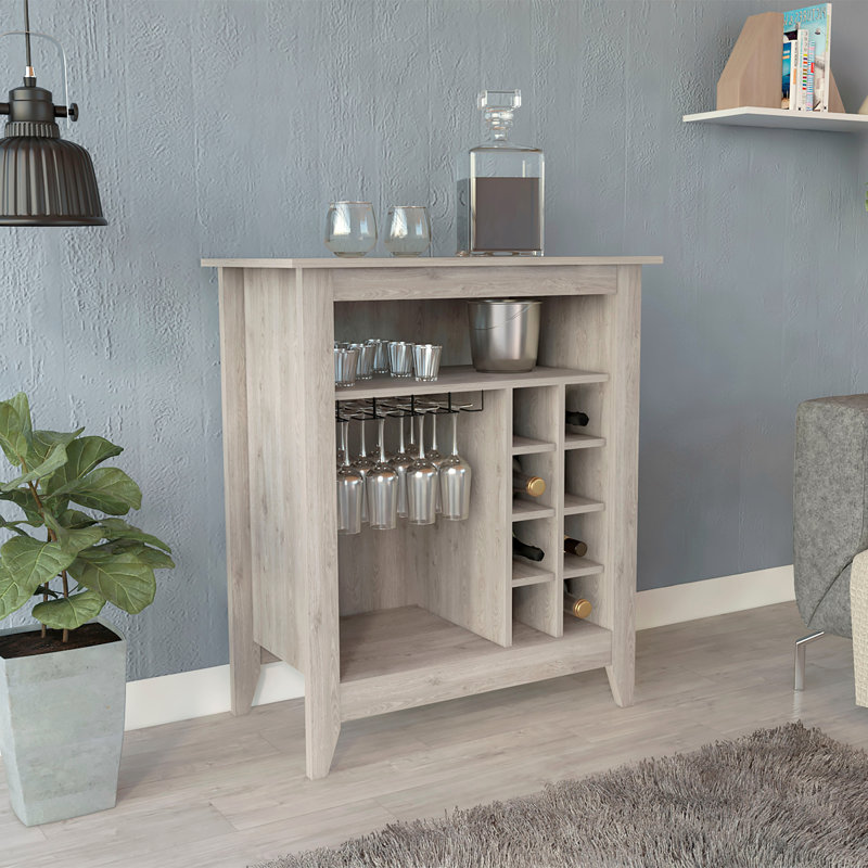Armoire de bar Essential, une tablette ouverte, six supports à vin intégrés, un tiroir , Gris