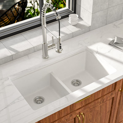 Quartz 33" X 19" Granite Composite Workstation Sink Quartz Undermount Low Divider 50/50 Double Bowls Kitchen Sink