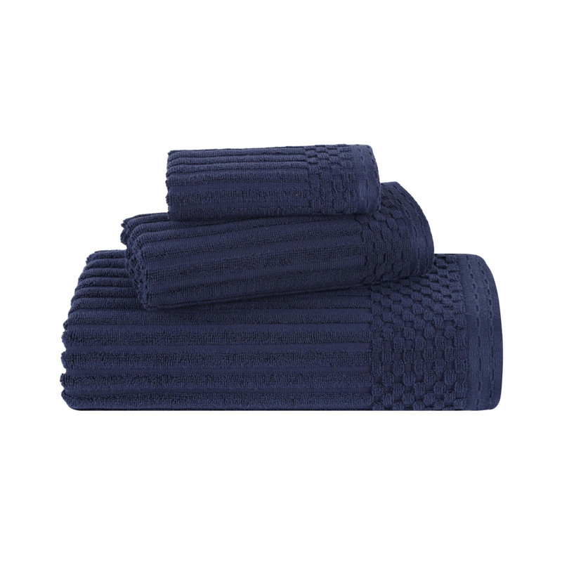 Collection de serviettes à bordure à carreaux en coton 3 pièces Soho Spa, Marine, Ensemble de serviettes 3 pièces