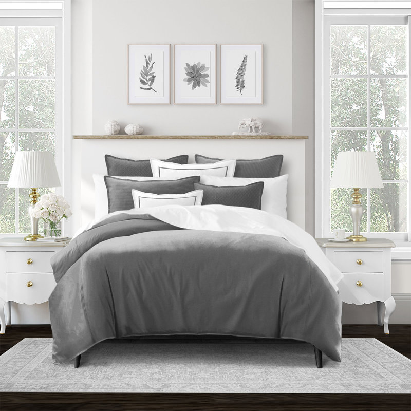 Ensemble d'édredon en coton 3 pièces Lea Beige, Édredon double + 2 taies décoratives + 2 coussin, Gris uni
