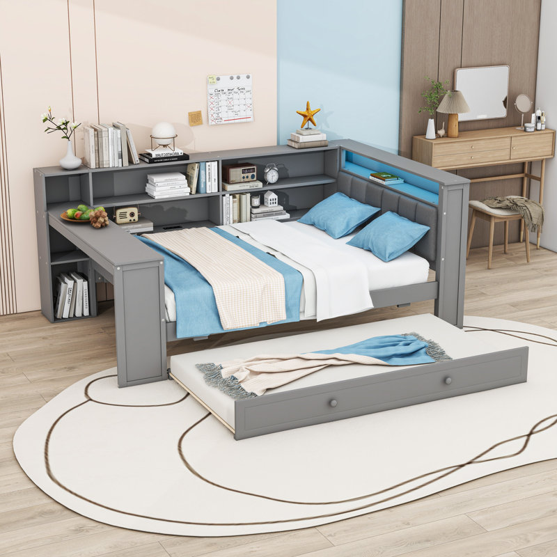 Daybed with Storage Shelves, Twin Trundle, LED Light, Desk, Gray, Full/Double