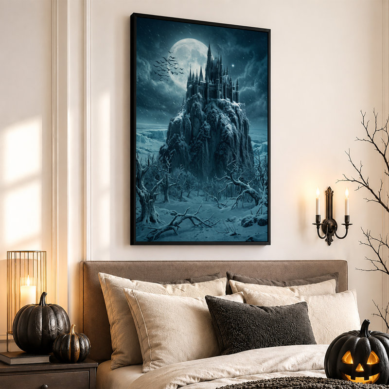 Art sur toile, château sombre au clair de lune, H 18 po x l 12 po