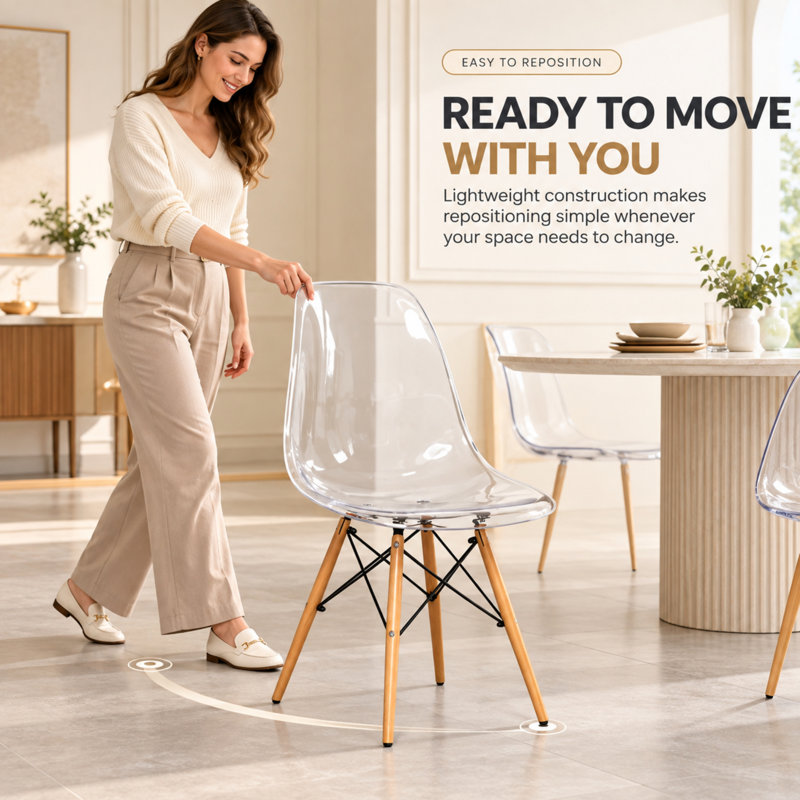 Dubuque Modern Dining Side Chair, Molded ABS Plastic Accent Kitchen Chair with Wood Dowel Legs & Steel Eiffel Base, Clear, 1