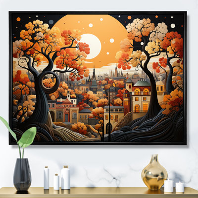 Cozy village in Autumn Moonlit V - Art mural Art déco de la ville