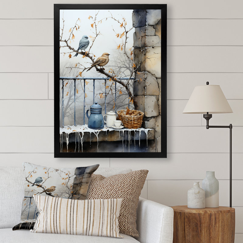 «Snowy Birds Window Views - Bird», art mural, Cadre simple noir, H 32 po x l 16 po x P 1 po
