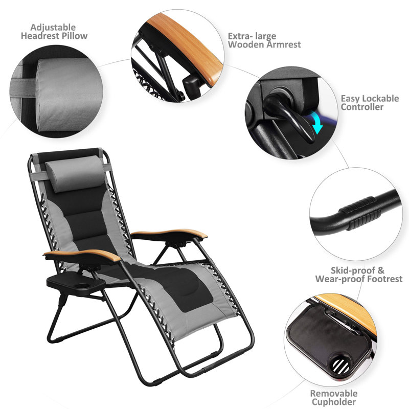 Chaise de camping inclinable avec coussin, Noir / gris
