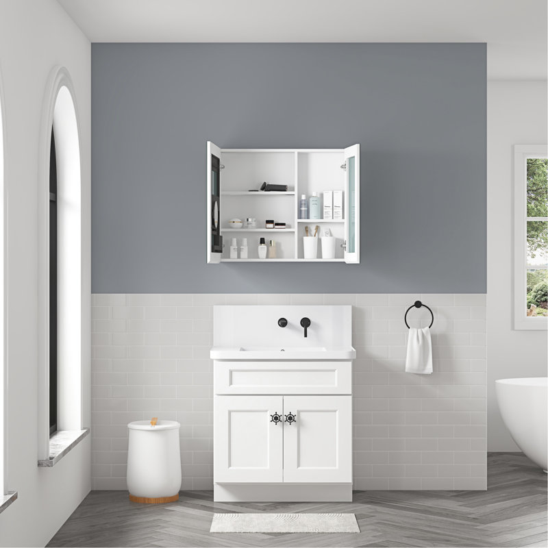 Armoire à pharmacie de salle de bain avec rebords biseautés H 30 po x l 30 po, miroir haute définition, bois d'ingénierie blanc, charnières à fermeture douce et espace de rangement X Edge pour une utilisation silencieuse