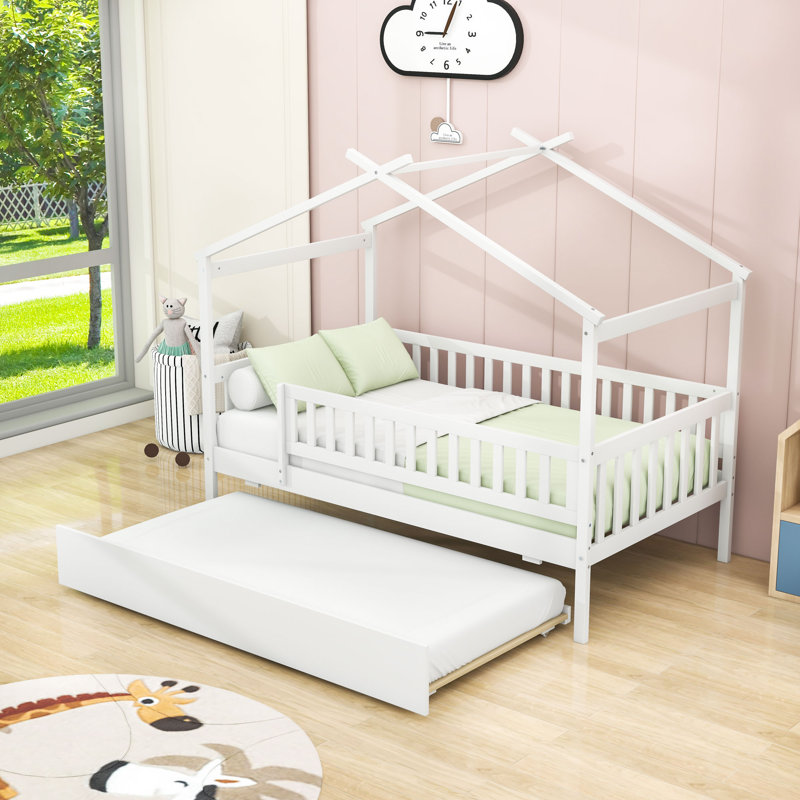 Lit simple en bois avec lit gigogne simple et garde-corps, Blanc