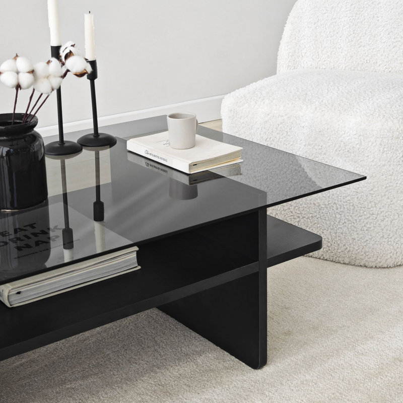 Modern Coffee Table with 100% Tempered Glass Top, Sapphire & Transparent Color, 41.3 x 13.8 x 25.6 inches | 100% Melamine Coated Particle Board Frame, 0.71 inches Thick | Stylish & Functional Design for Living Room