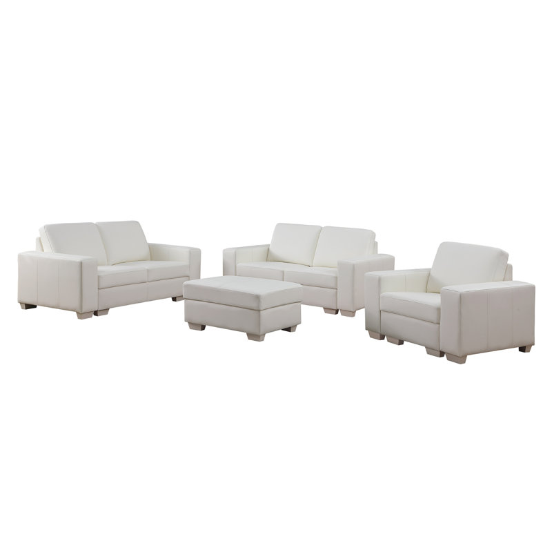 Grimsby 4-Pieces Cow Top Genuine Leather Sofa Set with Ottoman, White Genuine Leather, White