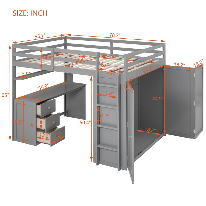 Falishia Kids Full,Twin Loft Bed with Drawers, Full / Double, Gray