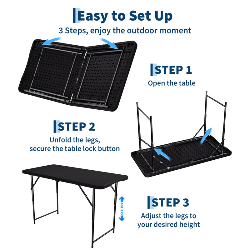 4FT Folding Table HDPE Foldable Table with Carrying Handle 3 Adjustable Height Metal Frame Support Up to 400LB Portable for Picnic Camping Party Indoor & Outdoor Use,  Black
