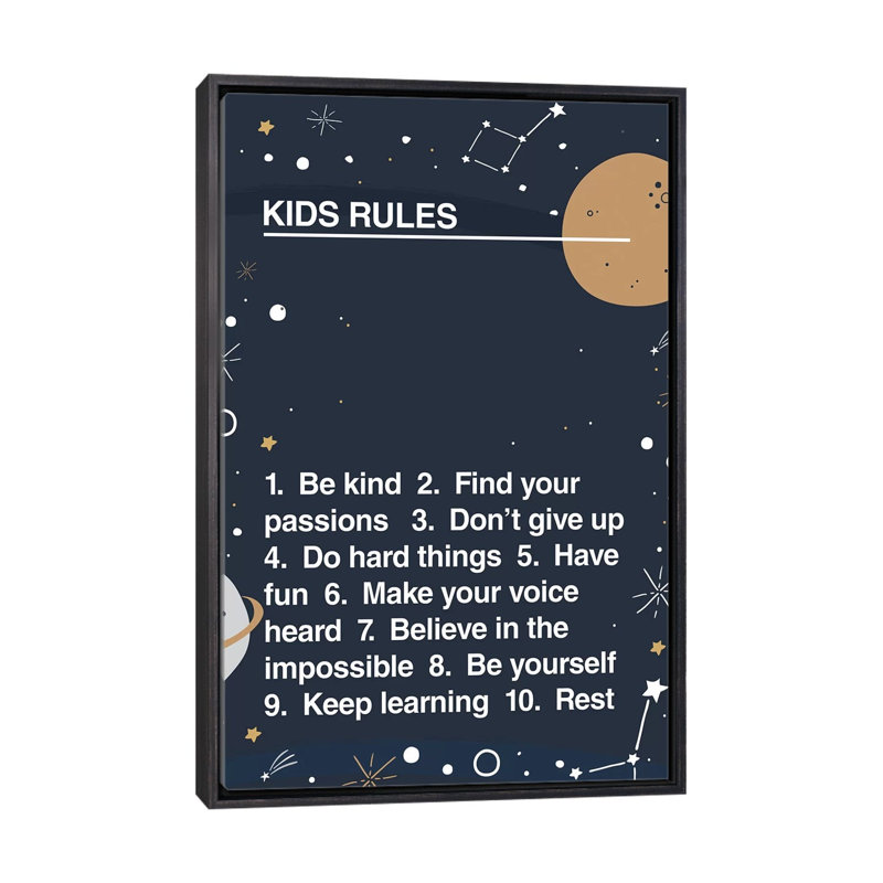 Kids Rules - impression d'art textuel, Pas de tapis, Toile avec cadre noir patiné, H 60 po x l 40po x P 1,5 po