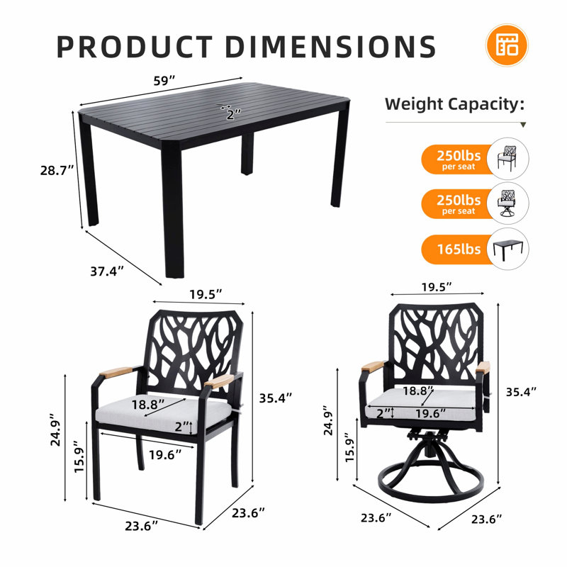 Ensemble de salle à manger d'extérieur 7 pièces, table rectangulaire en aluminium avec trou pour parasol et 6 chaises
