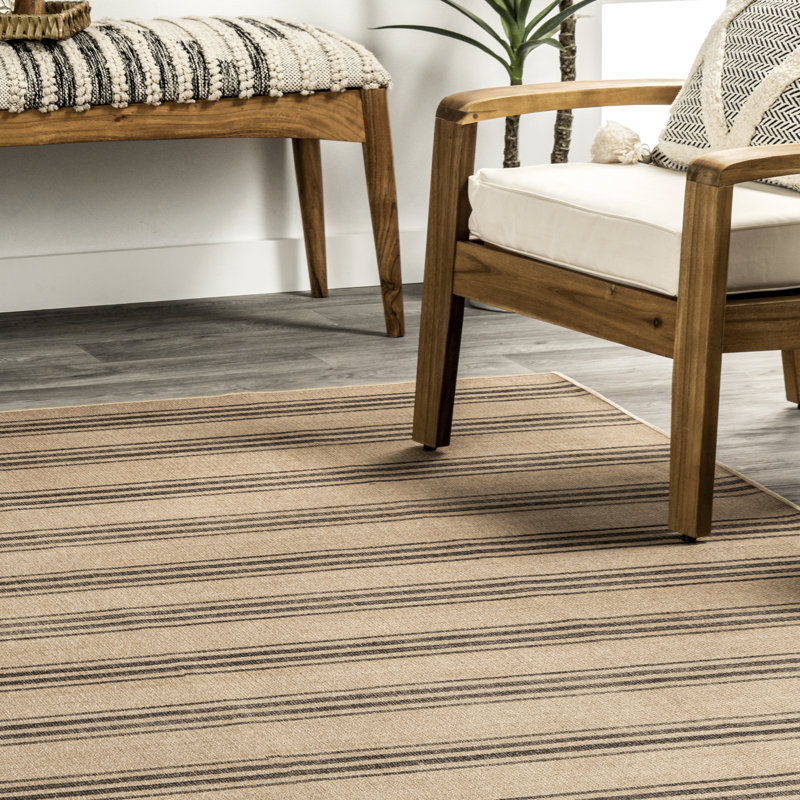 Natural Beige and Brown Striped Synthetic 9' x 12' Washable Area Rug