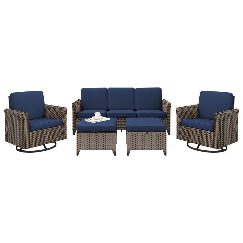 Ensemble de 5 canapés d'extérieur en osier, dossier haut toutes saisons avec coussins confortables, 2 chaises berçantes pivotantes, 2 repose-pieds et canapé pour porche, terrasse et jardin