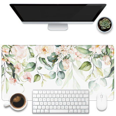 Tapis de bureau, tapis de bureau aquarelle fleurs roses, grand tapis de souris de jeu Green Leaves Flowers pour bureau, grand tapis de souris pour ordinateur avec base antidérapante et bord piqué, 15,75 po x 31,5 po