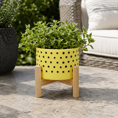 Ensemble de 3 pots en grès cérame avec supports en bois