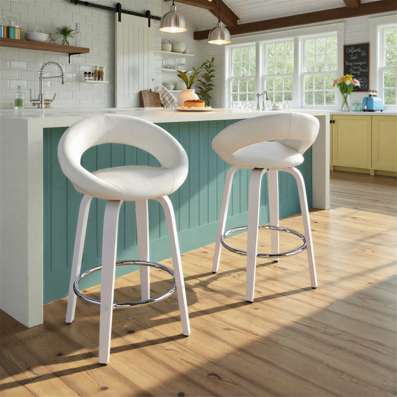 Tabouret de comptoir à hauteur fixe avec pivot en bois blanc et similicuir avec repose-pieds rond chromé - ensemble de 2