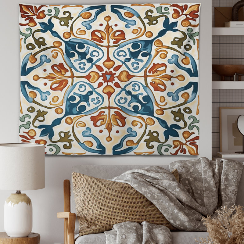 Carreaux de polyester méditerranéen en tapisserie rétro bleu III, H 50 po x l 60 po