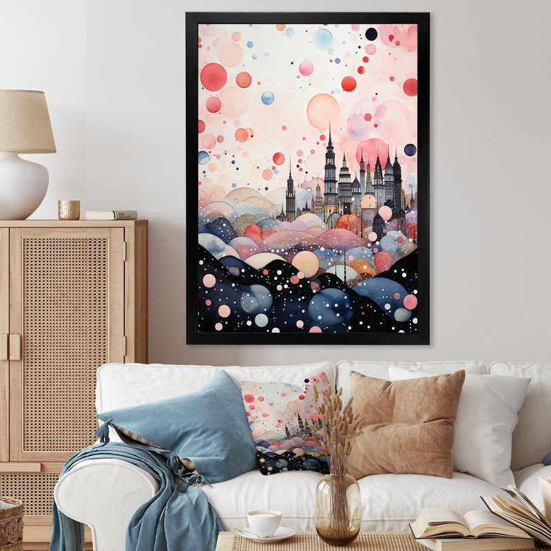 Bubble Gum Cityscape Horizon III - Art mural déco urbain, Cadre simple noir, H 32 po x l 24 po x P 1 po