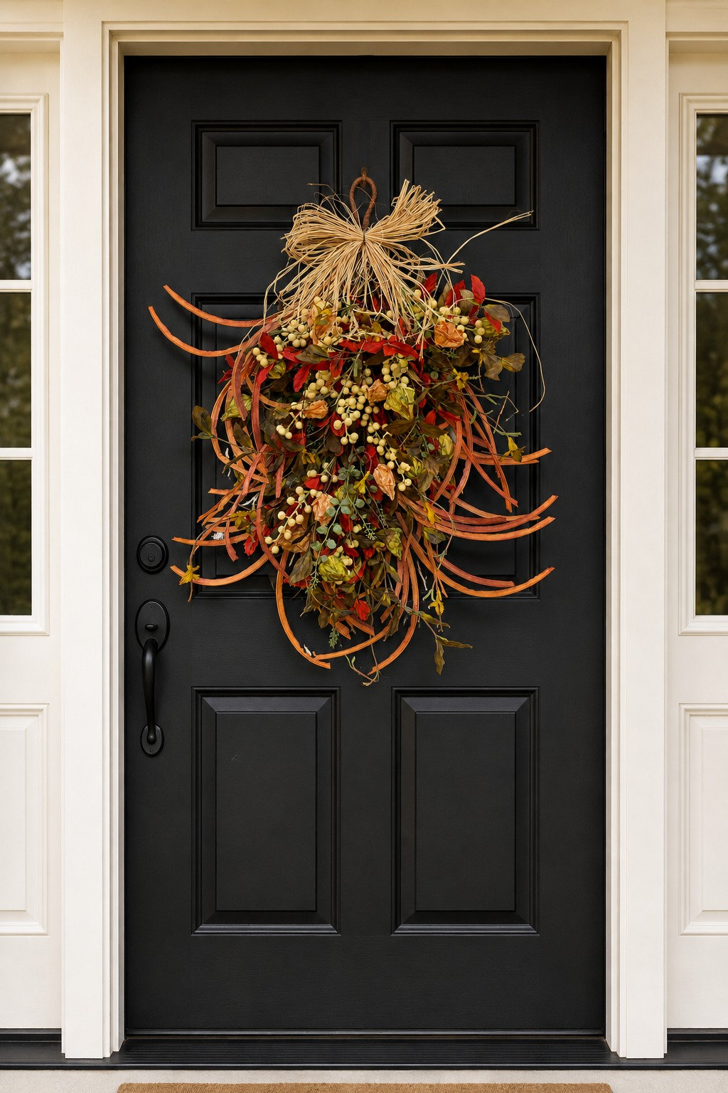 24" Rustic Autumn Teardrop Roses Floral Swag with Artificial Berries and Natural Raffia, Indoor Hanging Floral Decor for Door, Wall, and Window