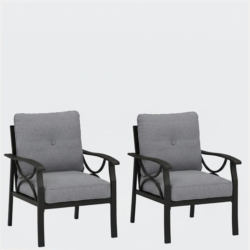 Set of 2  All-Weather Metal Armchairs, Black Frame with Gray Cushions