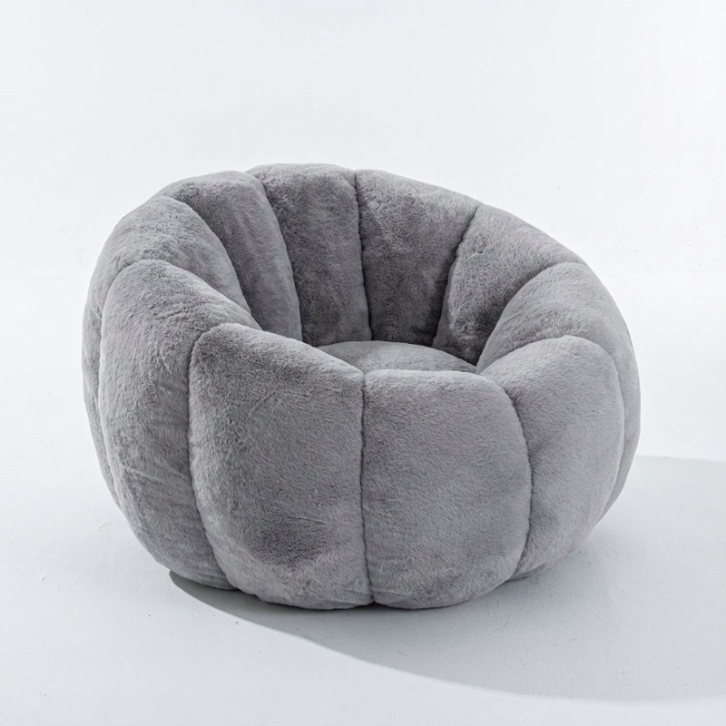 Floral-Shaped Single-Seater Bean Bag Sofa with Ultra-Soft Faux Fur and High-Density Foam Filling, Gray Faux Fur