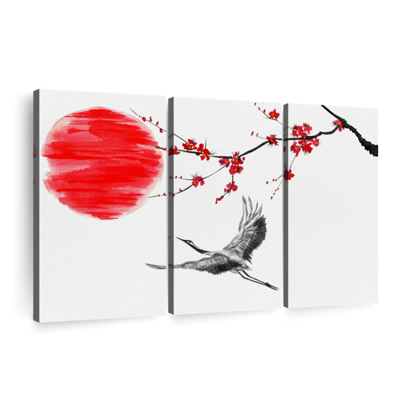 «Japanese Crane», 3 pièces sur toile, H 48 po x l 74 po x P 1,25 po