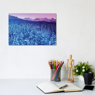 Landscape With Evergreen Forest In Winter And Mountains In Background At Sunset 1 Piece Wrapped Canvas Wall Art