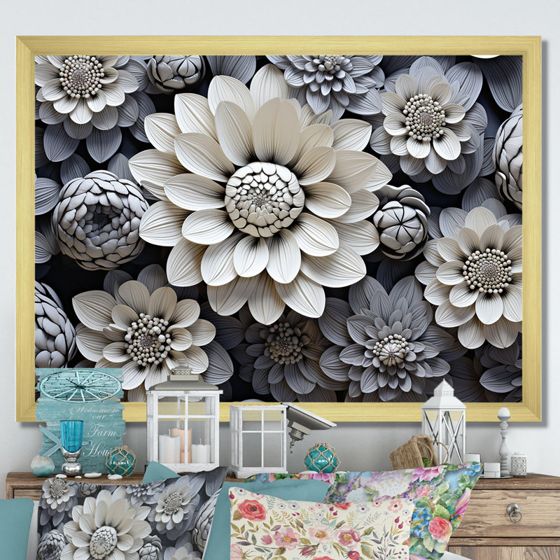 " Minimalism Black White Zinnias Collage ", Gold Single Picture Framed, 12" H x 20" W x 1" D