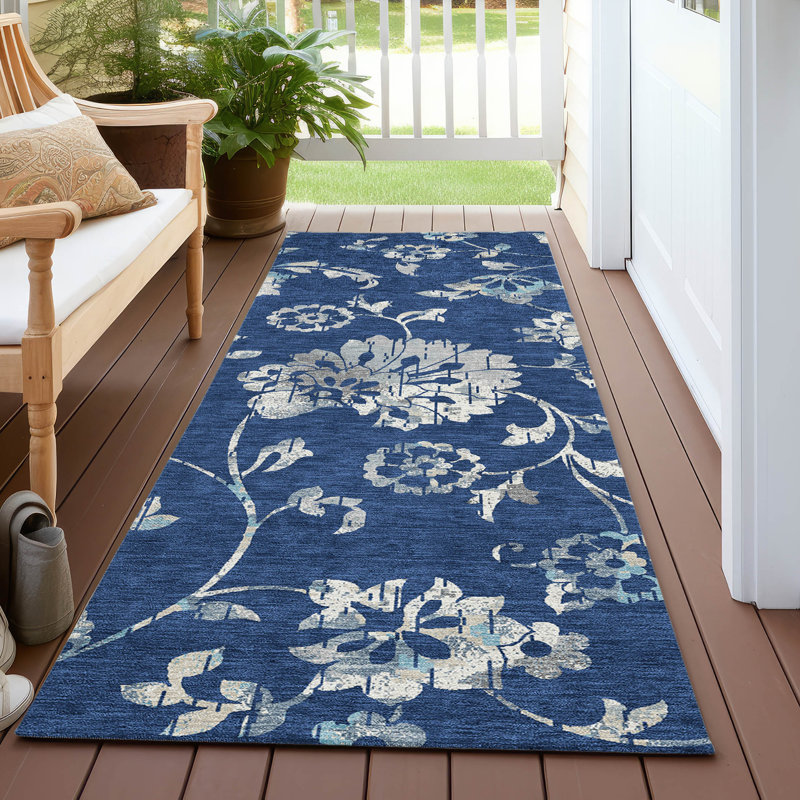 Tapis bleu marine en polyester tissé à la machine tissé à la machine intérieur / extérieur Charyse