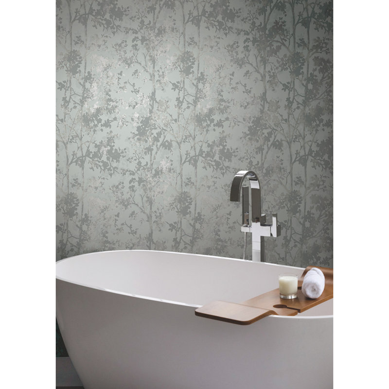 Shimmering Foliage Floral Metallic Wallpaper Roll, Green/Silver