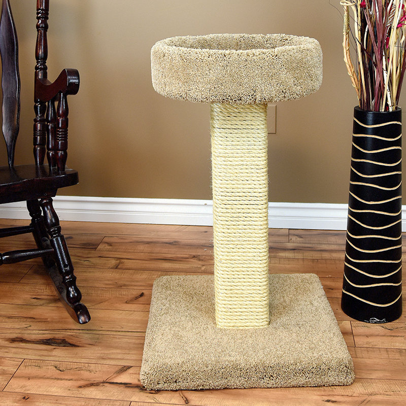 Beige Sisal Rope and Wood Cat Scratching Post with Perch
