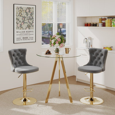 Bar Height Set, Tempered Glass Round Dining Table and Velvet Adjustable Dining Chairs.