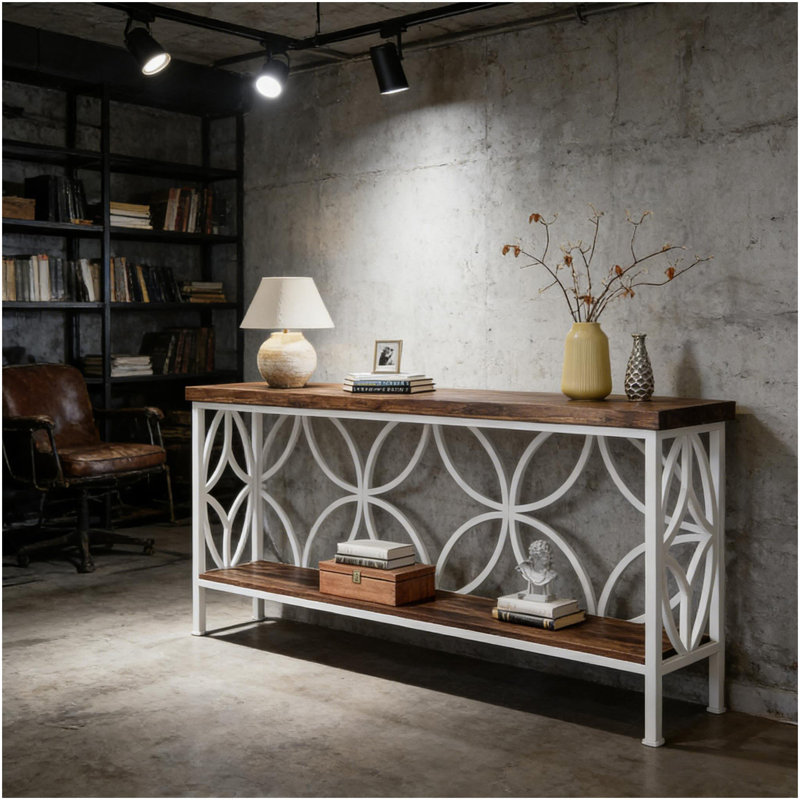 Table basse élégante, canapé de style nordique, console à 2 niveaux, Blanc, Brun rustique