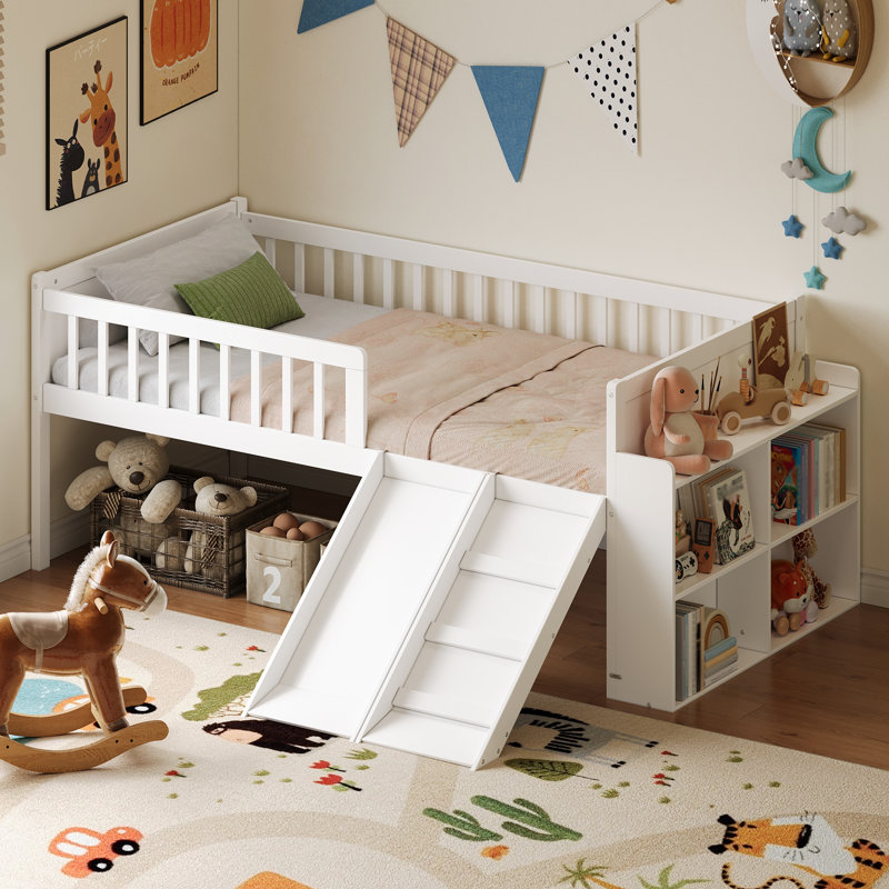 Structure de lit simple avec rangement, glissoire et échelle, lit plateforme en bois avec garde-corps, assemblage facile, aucun sommier tapissier requis, blanc