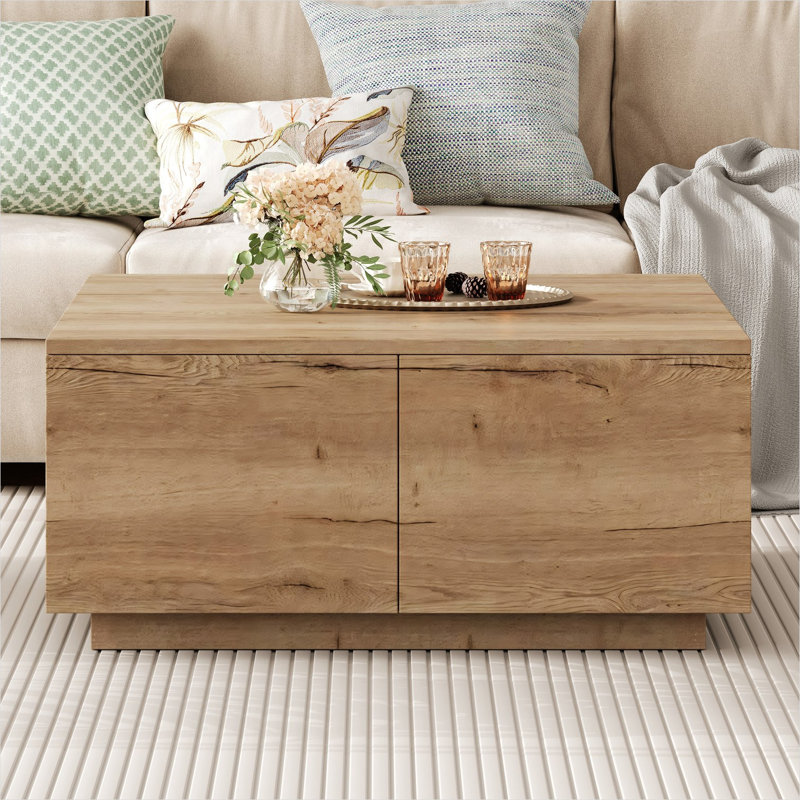 Table basse avec rangement à 4 tiroirs, carré 33,25 po, bois d'ingénierie, finition naturelle