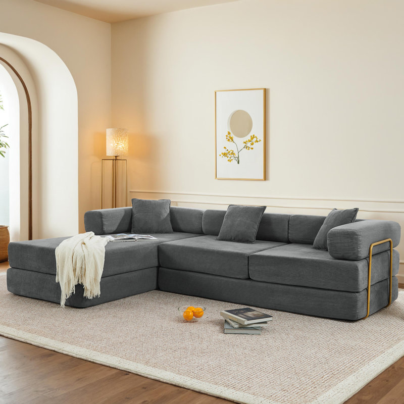 Compression Modular Corduroy Sectional Sofa with Reversible Chaise, 5-in-1 Convertible Sleeper, No Assembly, Converts to King Bed