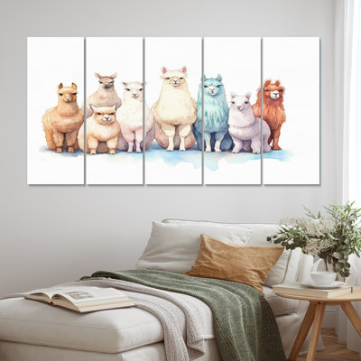 Troupeau de Alpacas colorés I - Animaux, art mural, salon - 5 panneaux égaux