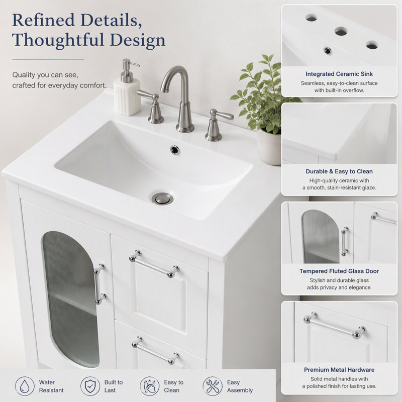 Meuble-lavabo 24 po avec lavabo et rangement élégant, White