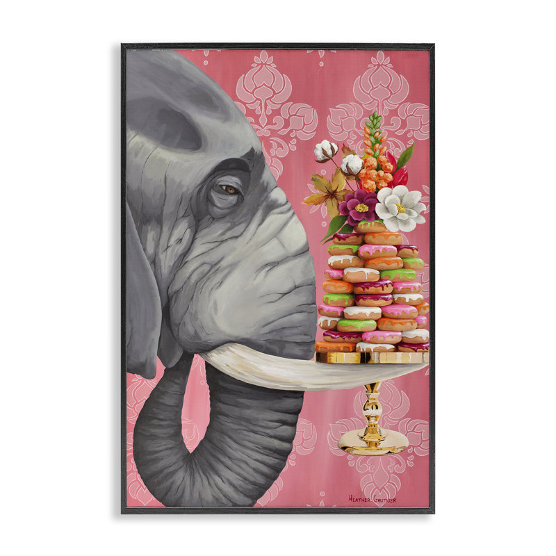 Éléphant et desserts empilés, estampe numérique, design par Heather, Giclée encadrée noir minuit, H 18 po x l 12 po