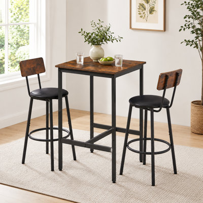 Rustic brown bar table set equipped with two upholstered backrest bar stools for home leisure use