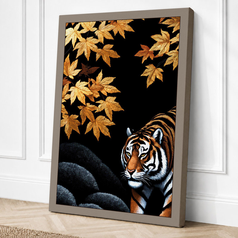 Tiger Among Autumn Leaves Boho - Print, 24x16 - 61.0 x 40.6 cm, Taupe Border